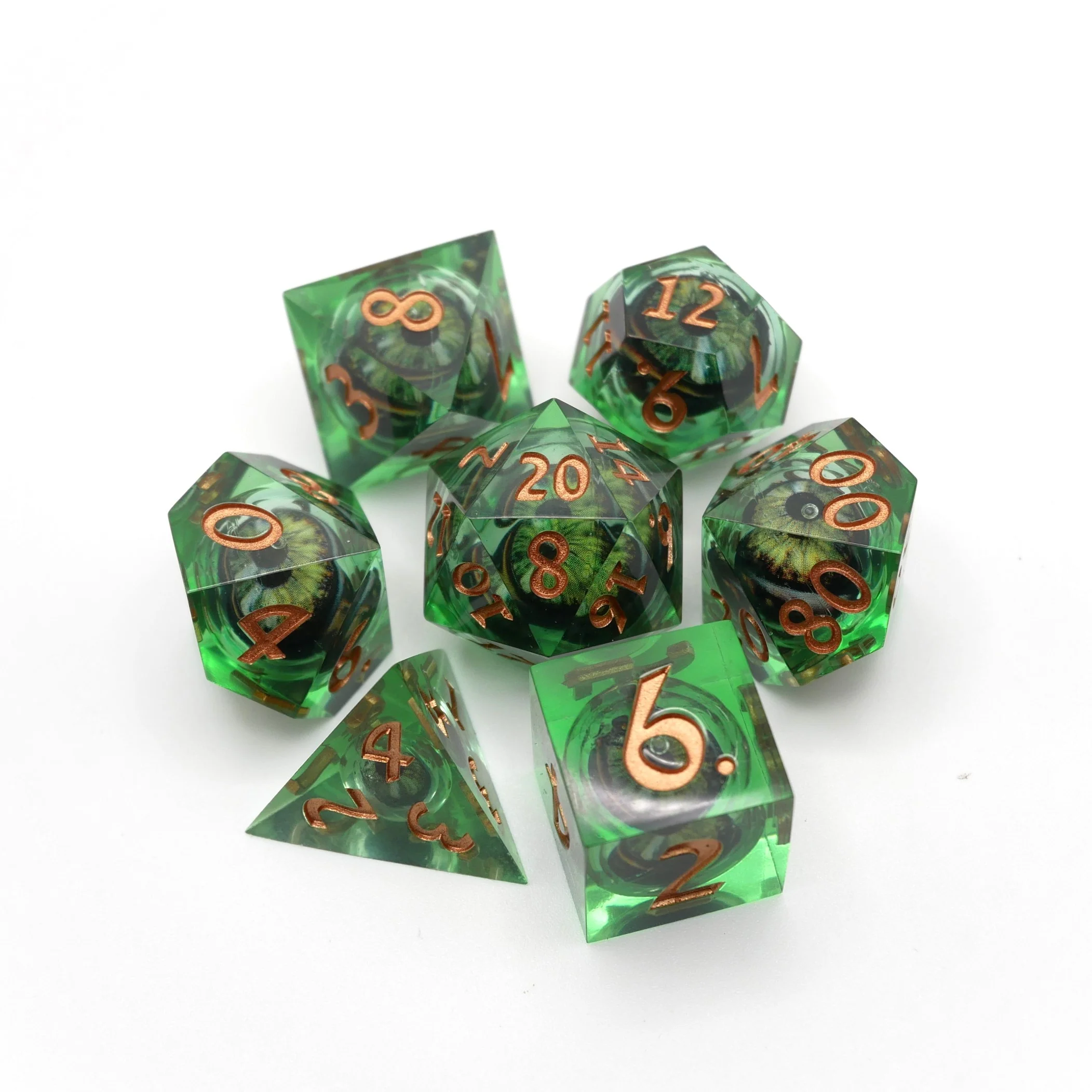 Green Slaadi's Eye - 7 Piece Moving Eye DnD Dice Set | Acrylic RPG Gaming Dice - Image 3