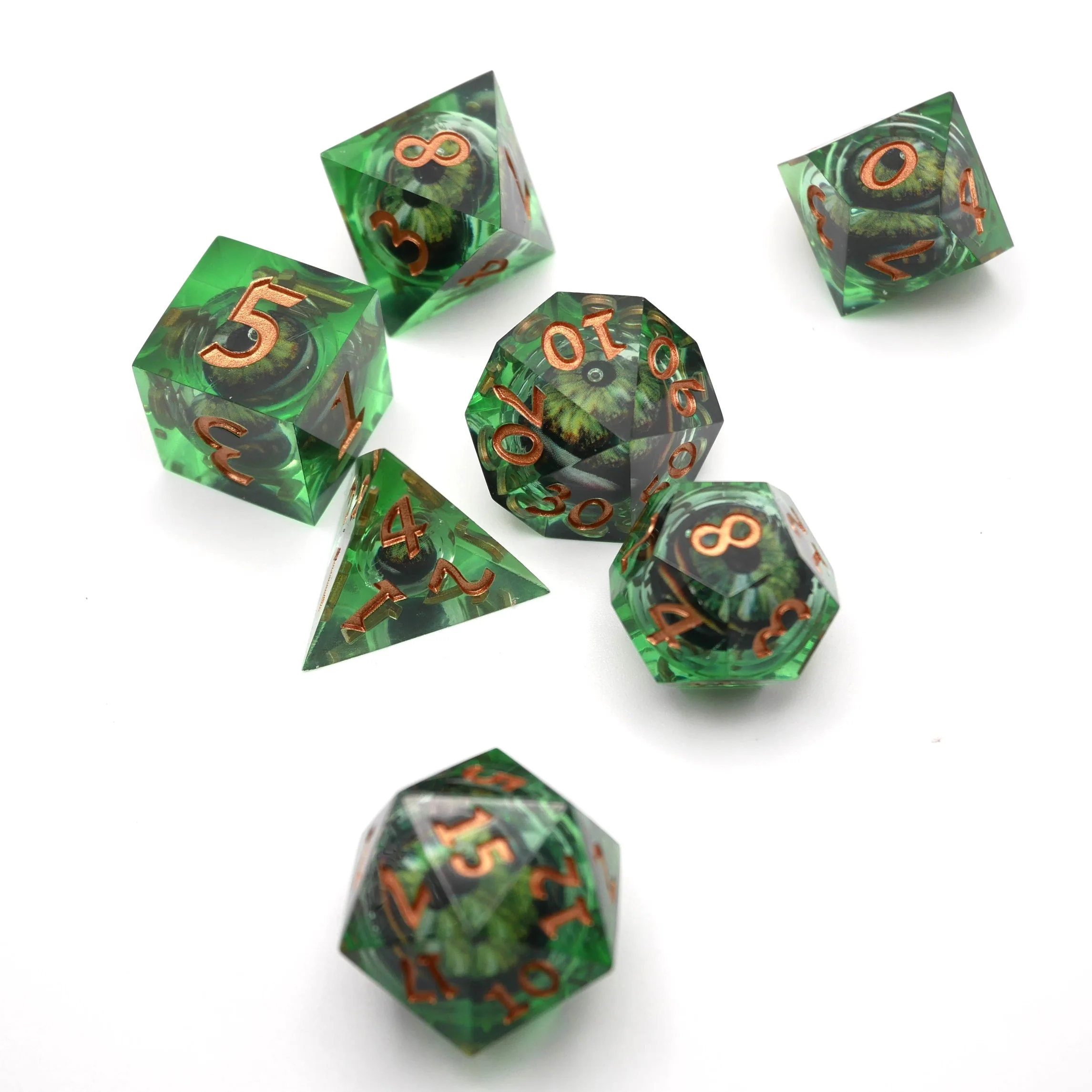 Green Slaadi's Eye - 7 Piece Moving Eye DnD Dice Set | Acrylic RPG Gaming Dice - Image 4