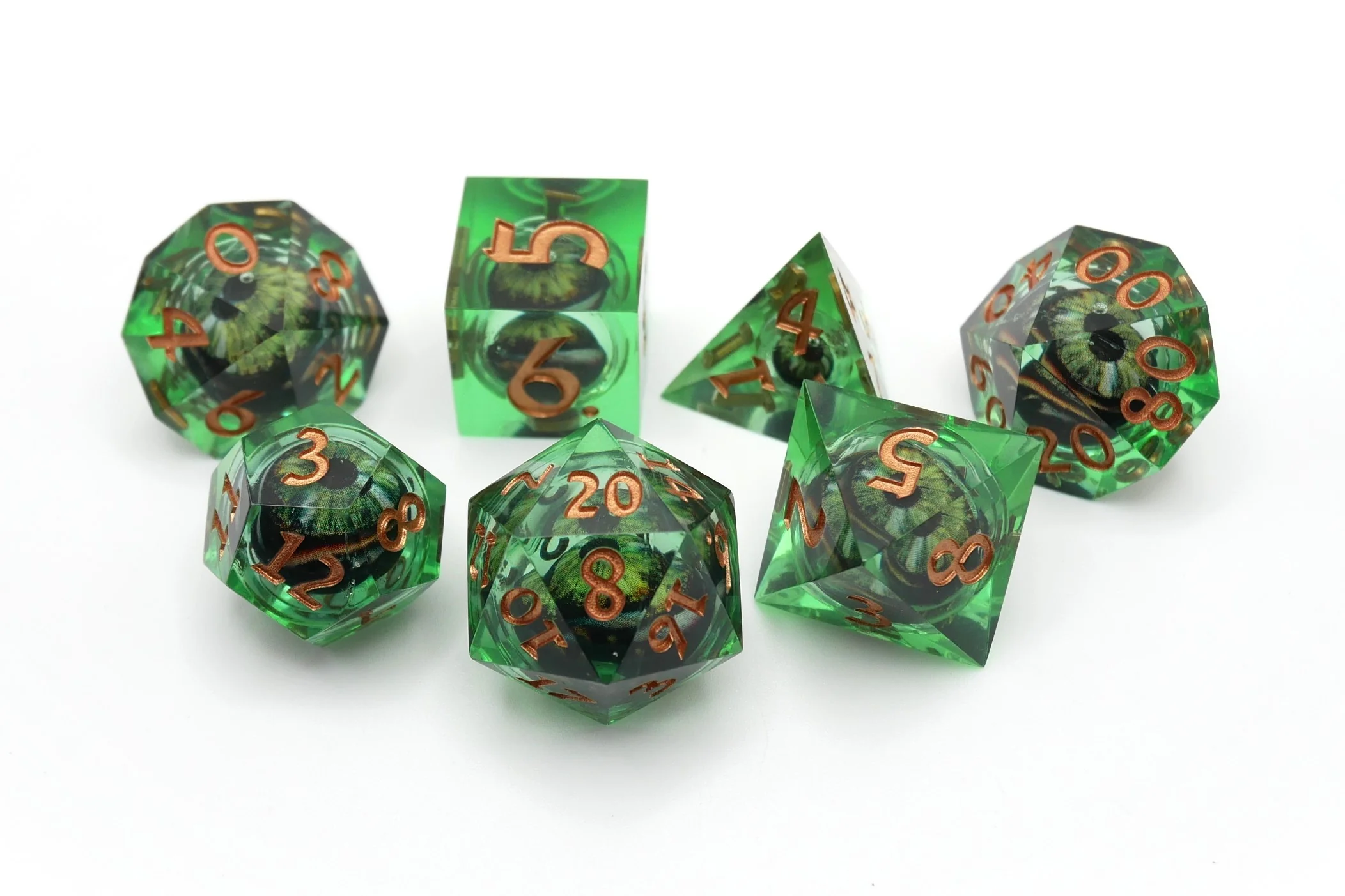 Green Slaadi's Eye - 7 Piece Moving Eye DnD Dice Set | Acrylic RPG Gaming Dice - Image 7
